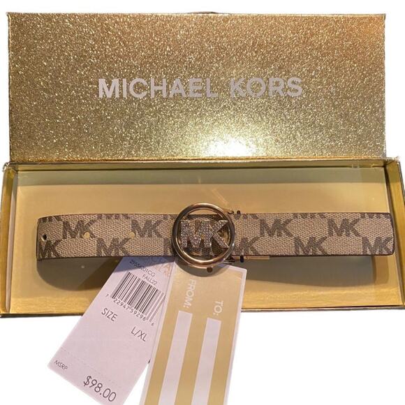 Michael Kors Women's Large XL Belt Gift Box Tan Brown Leather Bling Buckle NWT - Picture 1 of 3